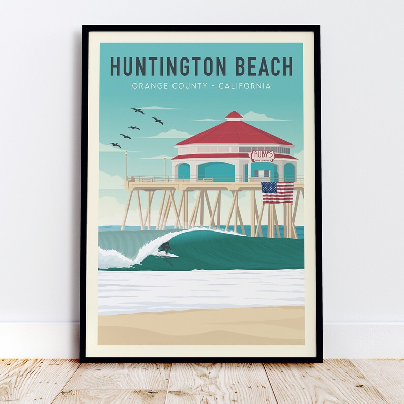 Black Framed California Surfing Artwork of Huntington Beach