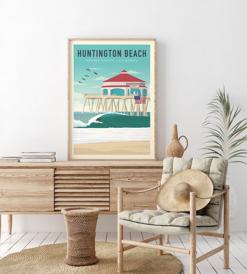 Vintage California Surf Poster in Boho Decor, Huntington Beach Surf print with Ruby's restaurant