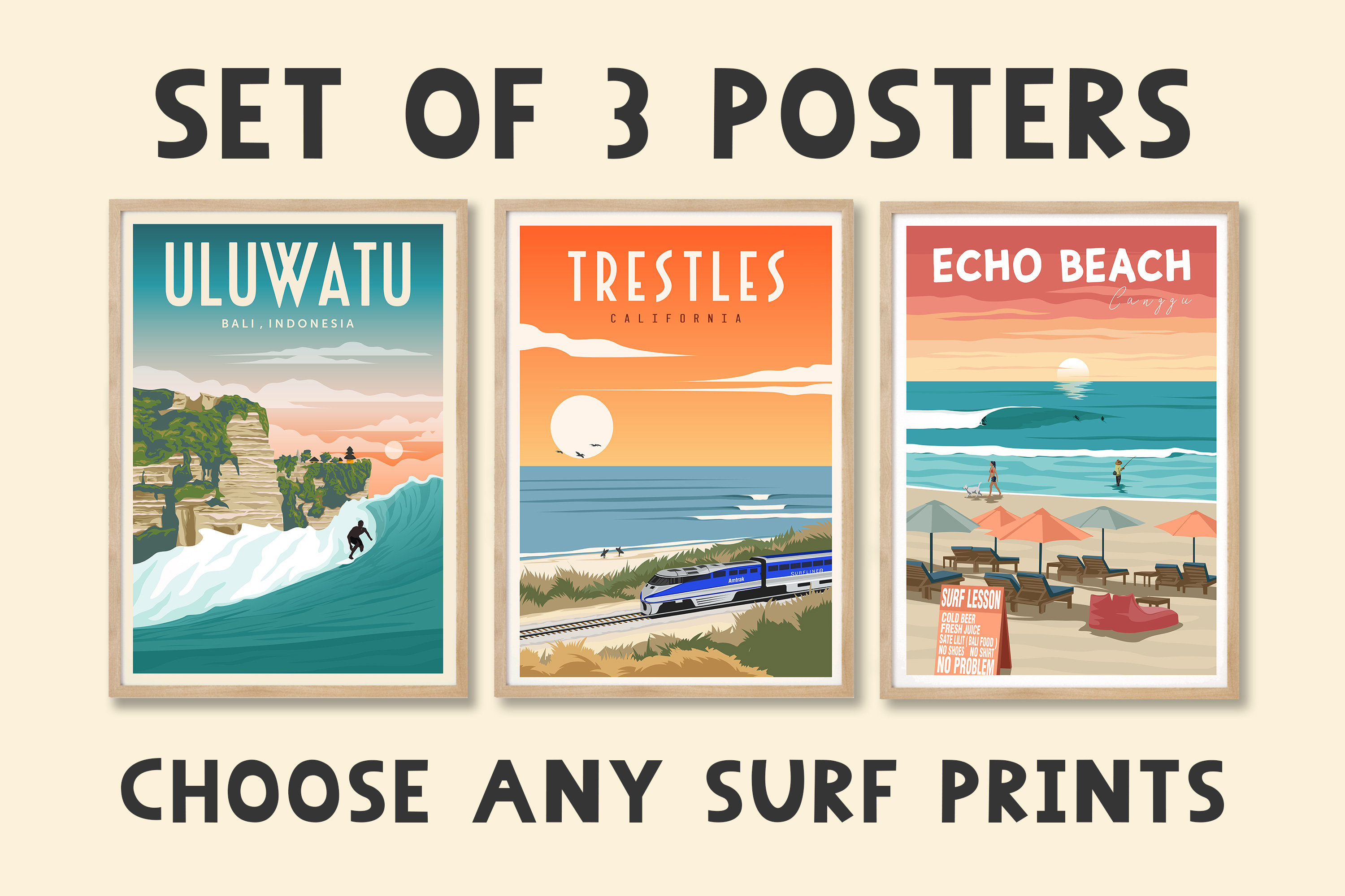 Conjunto de pósteres de surf, Conjunto de 3 impresiones, Conjunto de  impresiones de surf, Conjunto de impresiones, Impresiones artísticas de surf,  Elige tu póster, Diferentes tamaños, Póster retro de surf - Etsy México, image size:3000x2000