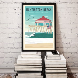 Huntington Beach Pier Surfing Print set down on books