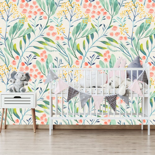 Watercolor Floral Pattern Kids Room Wallpaper Removable - Etsy