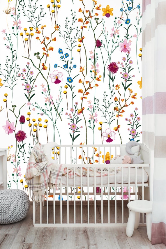Wild Flowers Removable Wallpaper-kids Room Wallpaper Colorful Wall Decor  Self Adhesive Peel & Stick Nursery Garden Flowers Wall Mural 