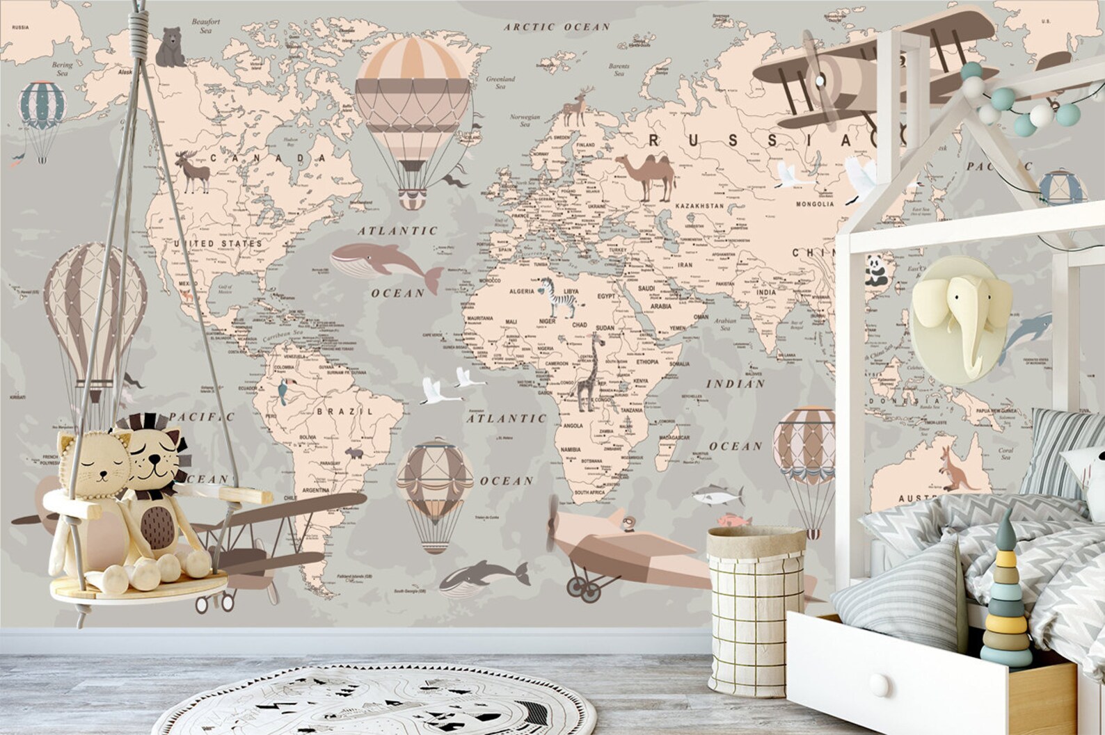 World Travel Map Wall Mural Children Map Wallpaper Nursery Etsy UK
