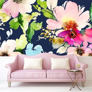 Watercolor Flowers Wallpaperremovable Blossoms Floral Wall - Etsy