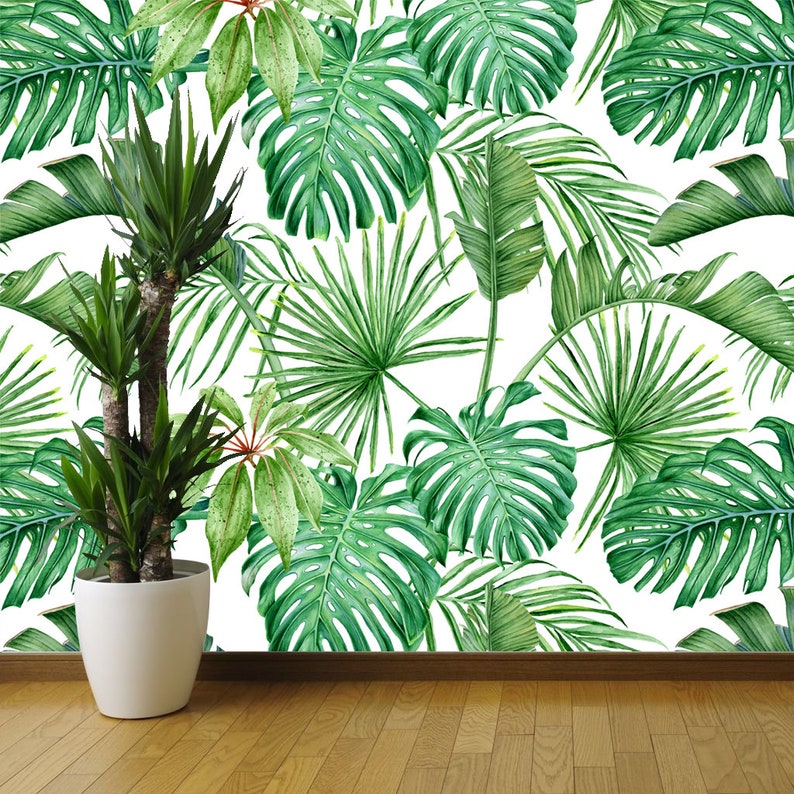 Palm and Monstera Tropical Leaves Removable Wallpaper-peel and - Etsy