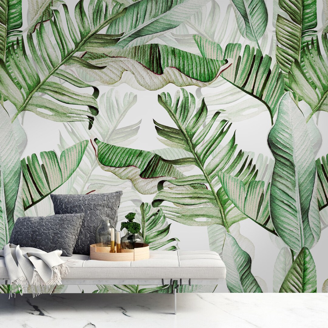 Watercolor Palm Leaves Peel and Stick Wall Mural Banana Leaves Green ...
