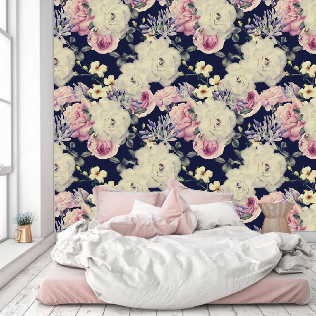 Dark Floral Peel and Stick Wallpaper Wall Mural Dark Wall - Etsy