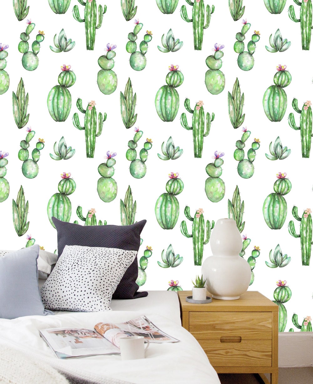 Watercolor Cactus Wallpaper Peel and Stick Fabric Wallpaper - Etsy