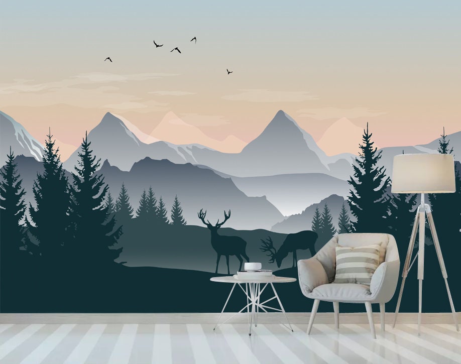 Mountain Mural Wall Art Wallpaper  Peel and Stick  Simple Shapes