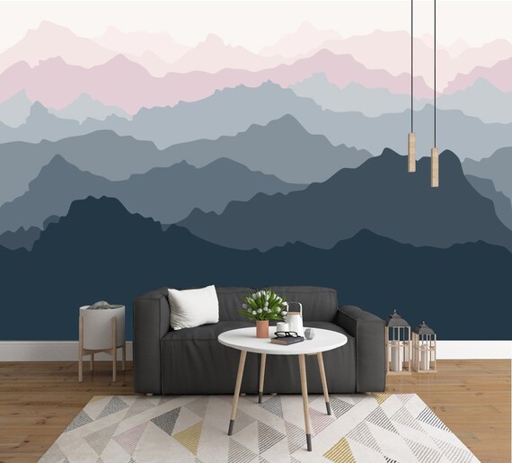 Mountain Mural Wallpaper, Grayish Navy Pale Pink, Peel and Stick