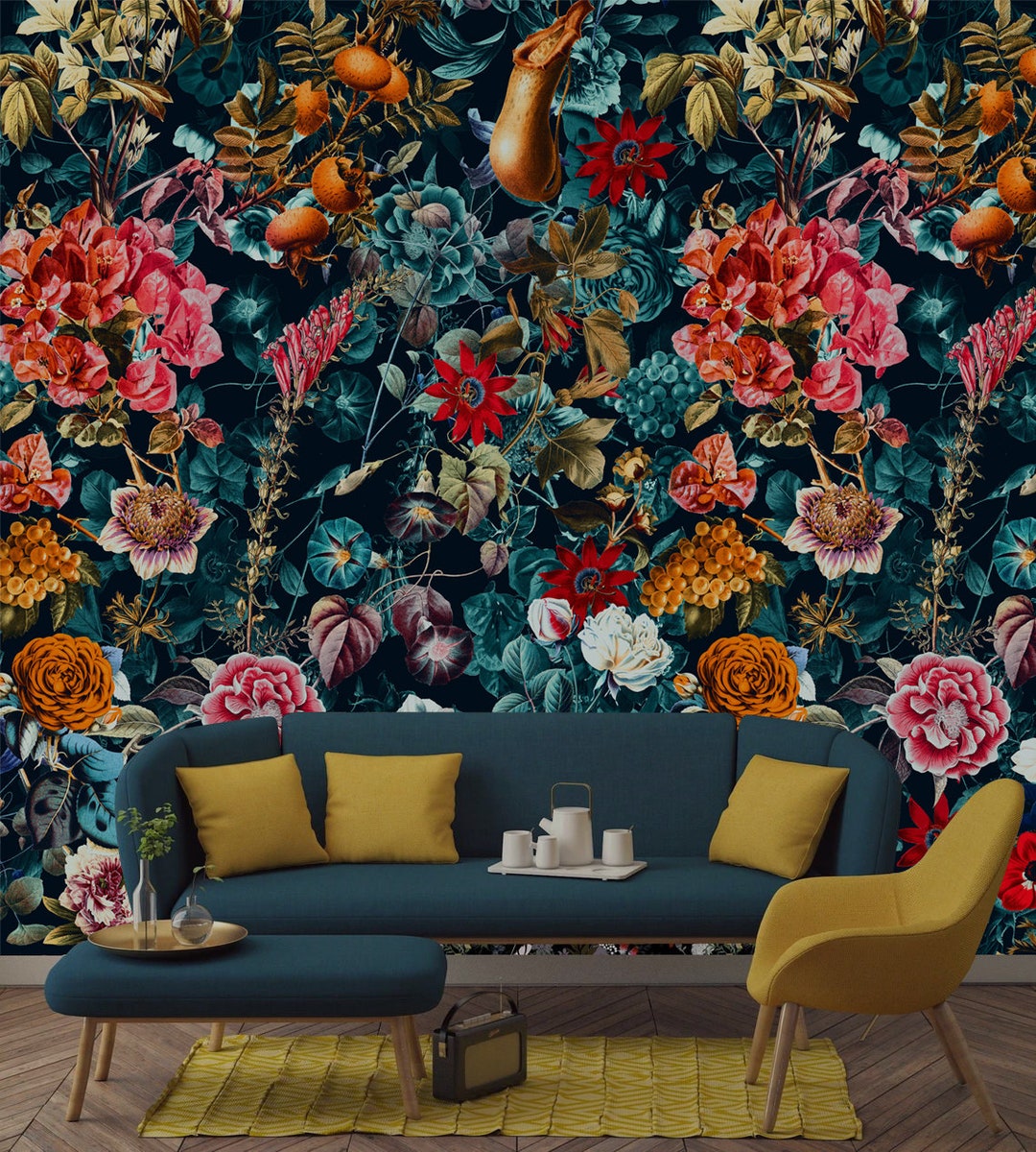Dark Floral Wall Mural , Removable Wallpaper, Self Adhesive, Dark