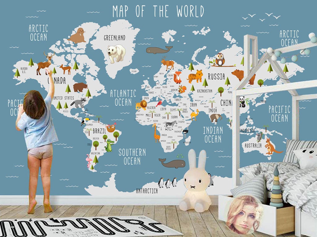 Colourful Animals Theme Kids Room World Map Wallpaper  lifencolors