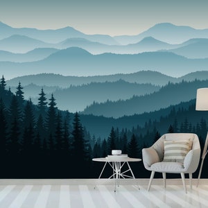 3D Mountain Mural Wallpaper, Ombre Blue Mountain Pine Forest Trees Peel and Stick Wall Poster,Nursery Wall art removable self adhesive