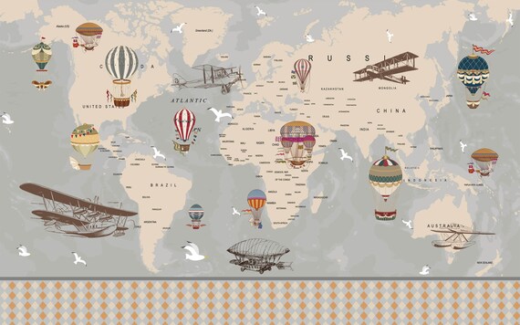 Vintage Hot Air Balloon Wallpaper World Map Wall Mural Etsy