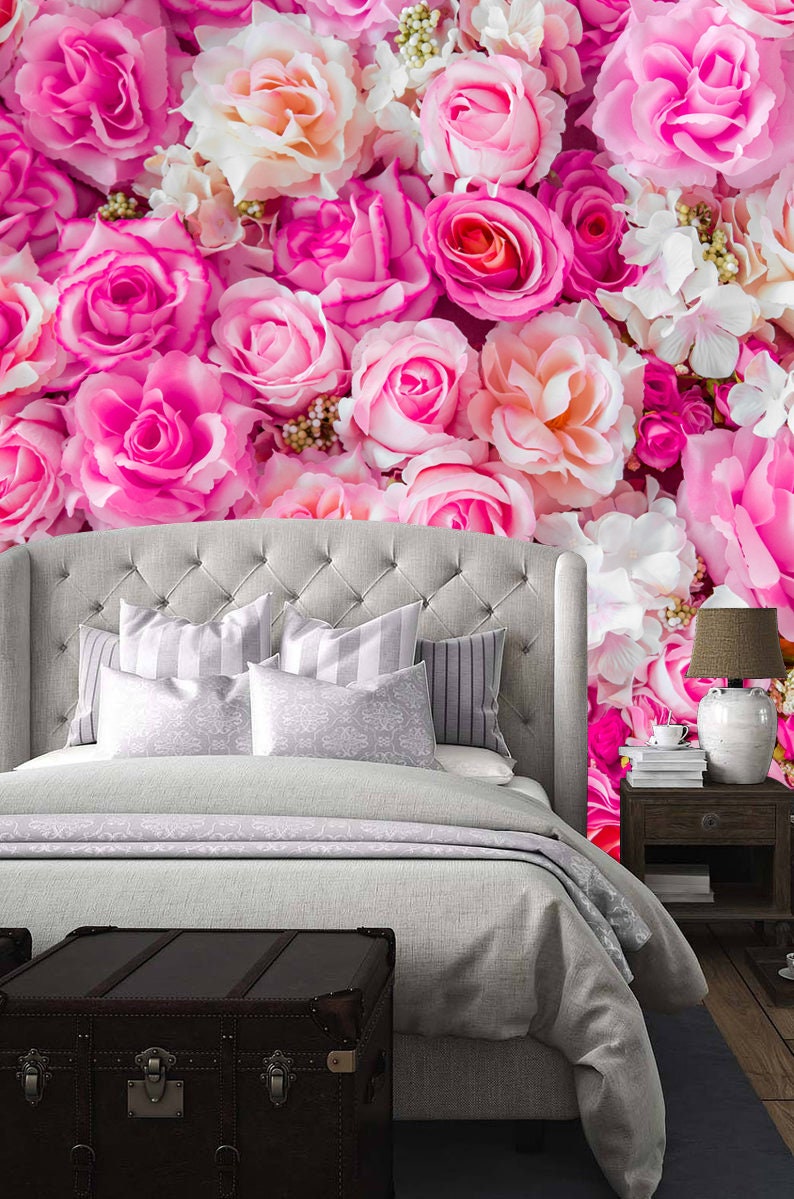 Soft Pink color Roses flower wallpaper bedroom wall mural Etsy