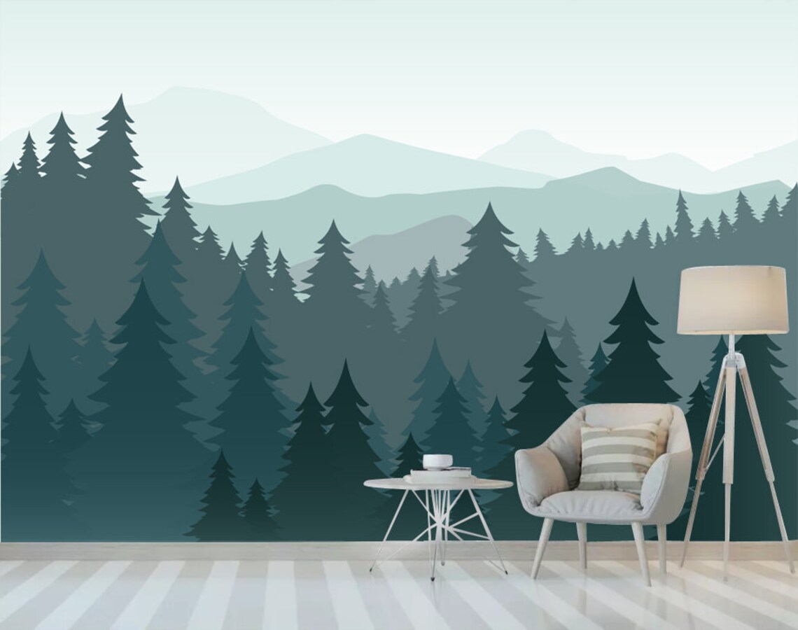 Mountain Wall Mural Wallpaper Pine Tree Peel and Stick Wall Etsy