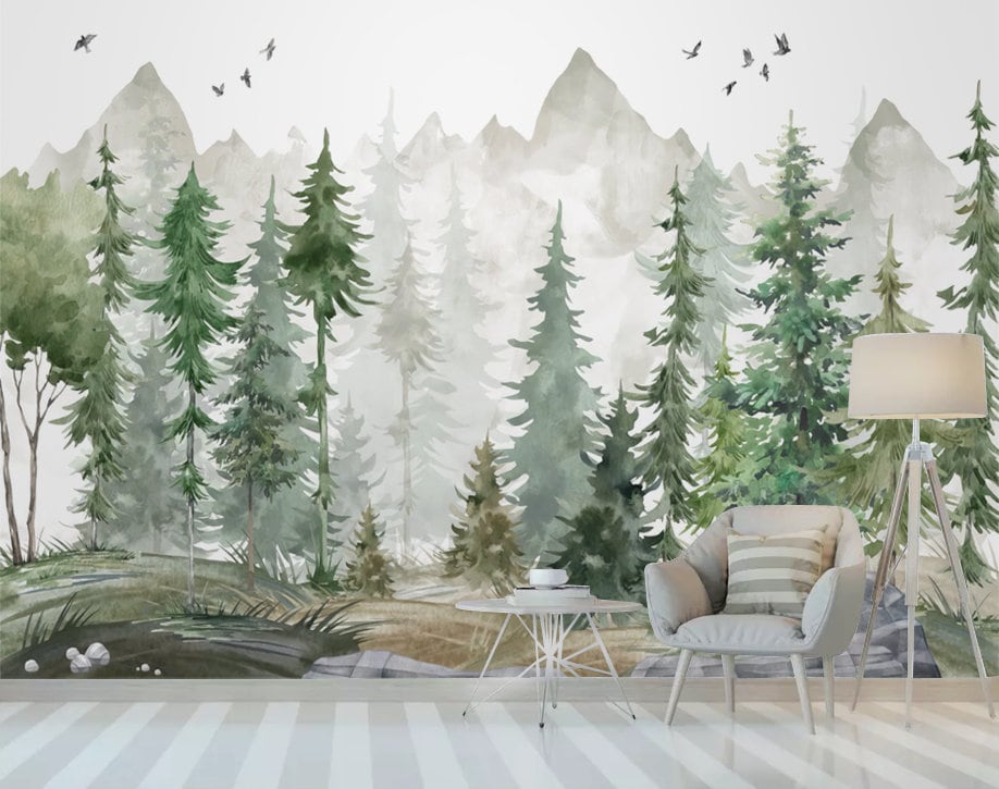 Mountain and Trees Peel and Stick Wall Mural Self Adhesive Etsy