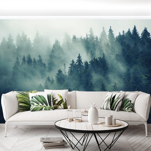 Misty Forest Scene Mural Mountain Forests Mural Forest Haze Etsy