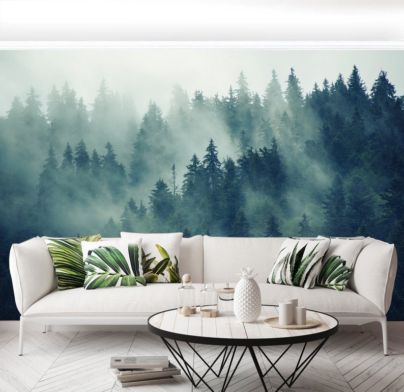 Misty Forest Scene Mural Mountain Forests Mural Forest Haze Etsy