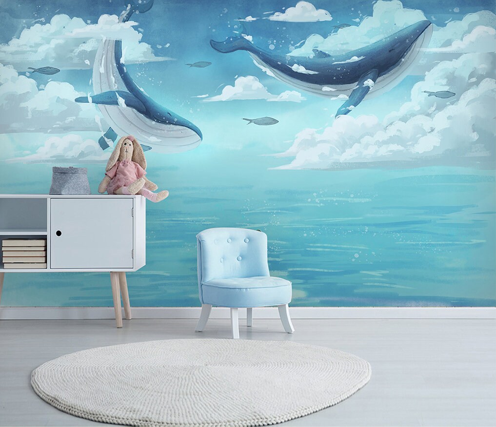 Papel pintado infantil y juvenil ballenas en gris sobre fondo azul Whales  7453