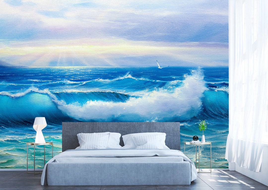 Beautiful sea waves wallpaper Oil painting mural nursery decor Etsy 日本