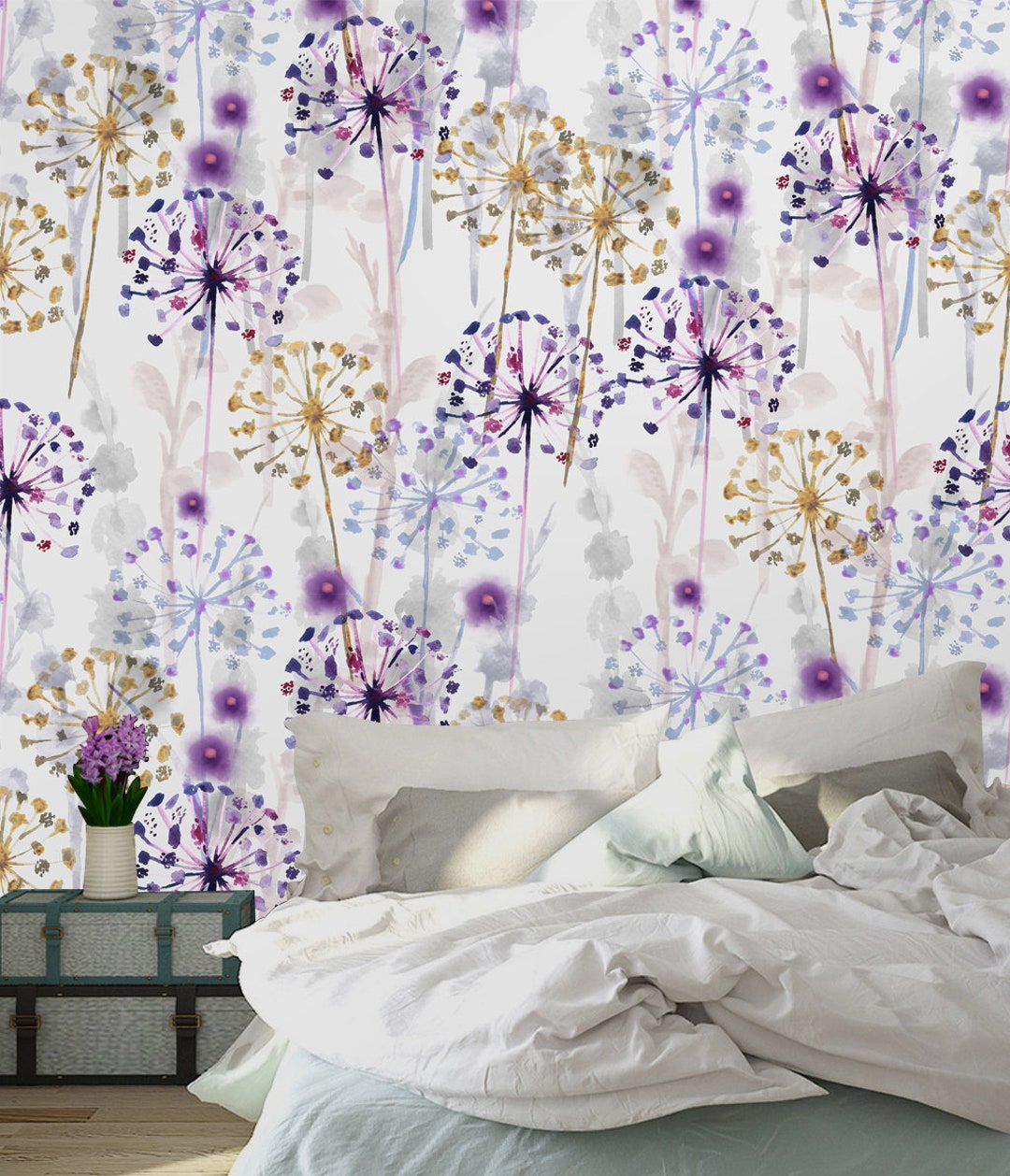 Watercolor Purple Floral Removable Fabric Wallpaper,peel and Stick