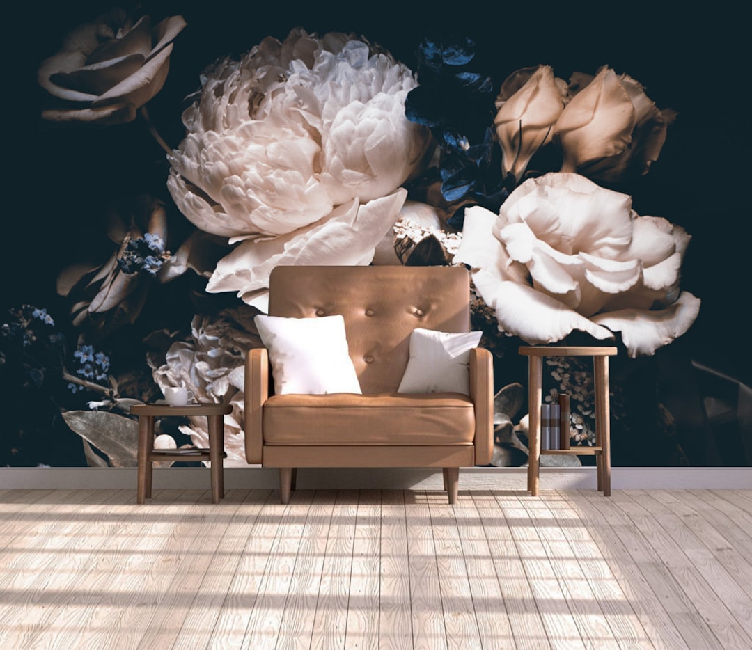 Dark Vintage Floral Wallpaper Floral Wallcovering Dramatic - Etsy Dark Vintage Floral Wallpaper Floral Wallcovering Dramatic - Etsy