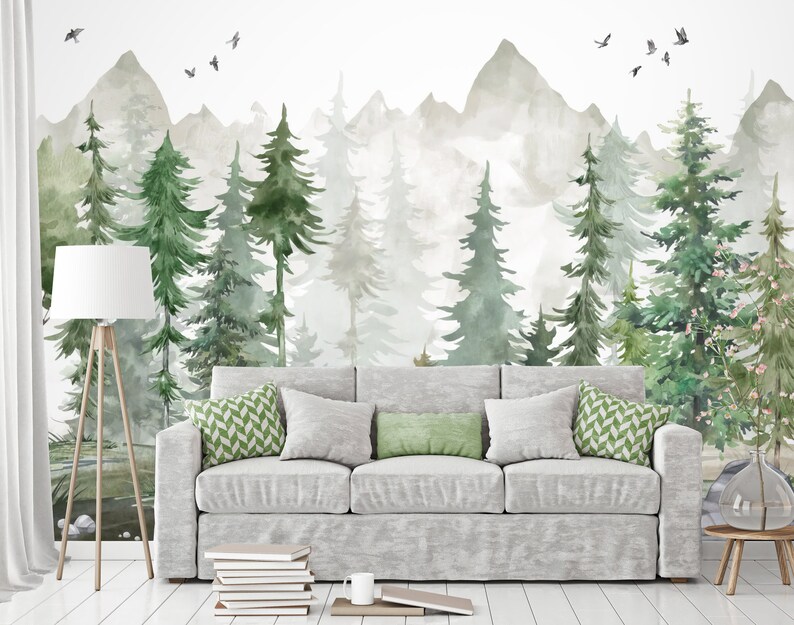 Mountain and Trees Peel and Stick Wall Mural Self Adhesive Etsy