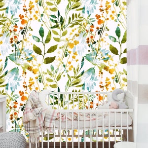 Hand Drawn Watercolor Boho Spring Leaves Removable Wallpaper-kids Room ...