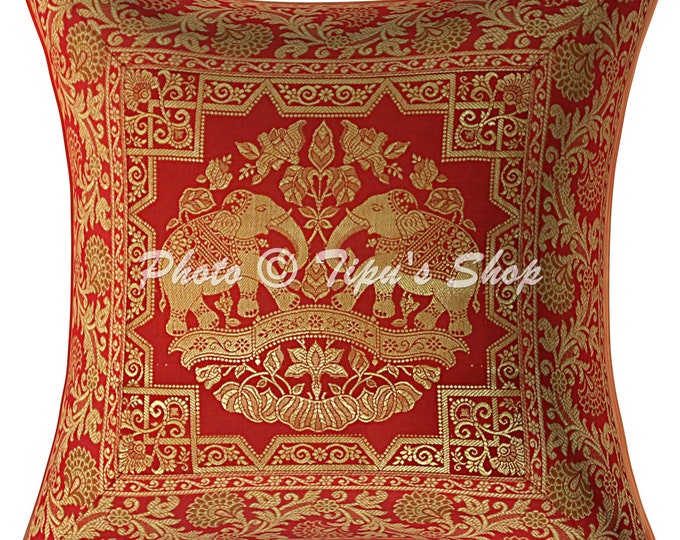 Red Designer Cushion 40X40 Jacquard Silk Throw Pillow Elephant Boho Halloween Pillow Throw Pillow