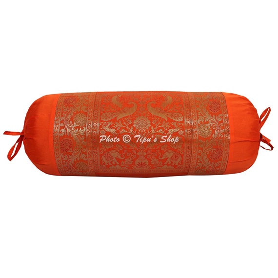 Orange Bolster Pillow Cover Handmade Round Cylindrical Brocade Jacquard Silk Living Room Decor Neck roll Pillow Case