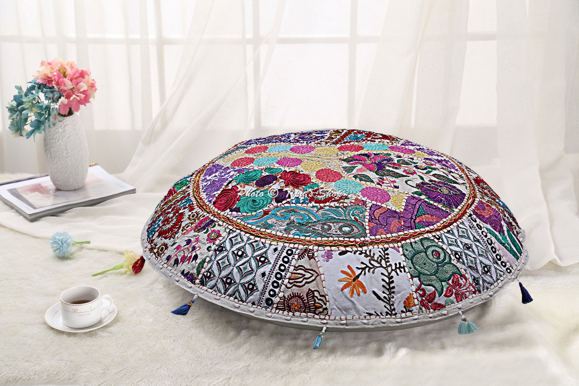 Cotton Round 32" Cushion Cover Hand Embroidery Pouf Cover Vintage Pillow Case 