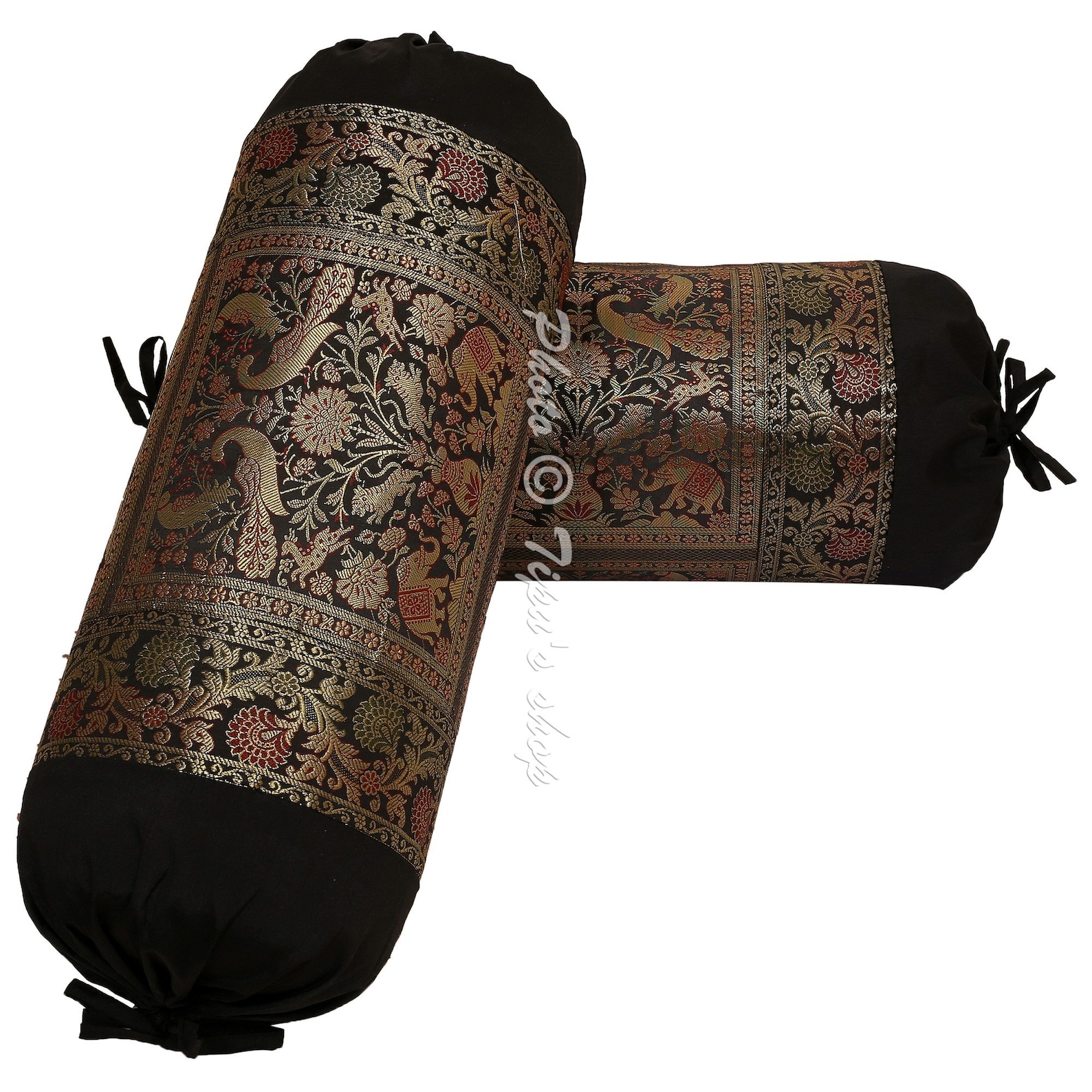 Black Bolster Pillow Cover Handmade Round Cylindrical Brocade Etsy