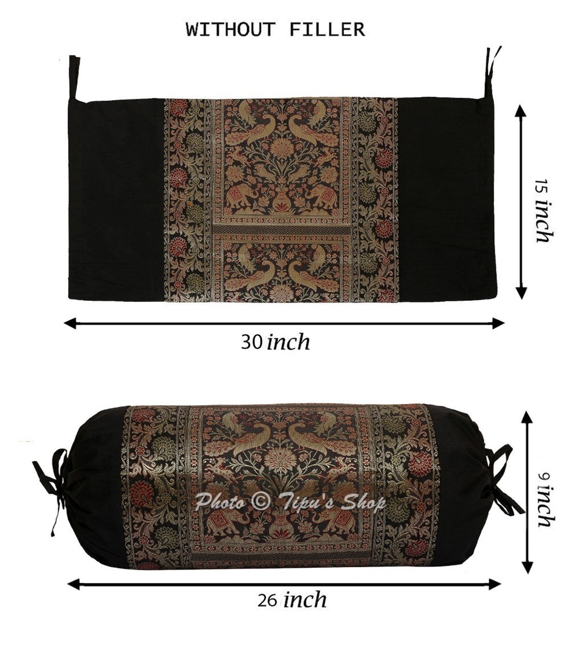 Black Bolster Pillow Cover Handmade Round Cylindrical Brocade Etsy