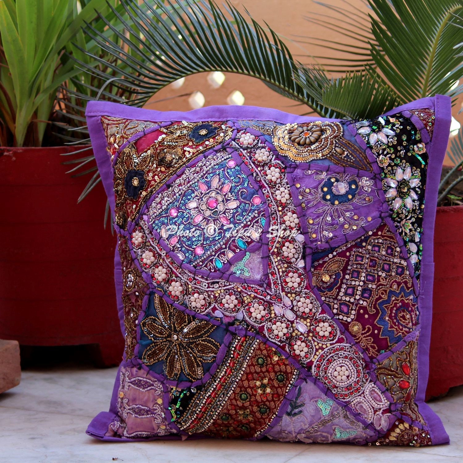 purple beaded pillow