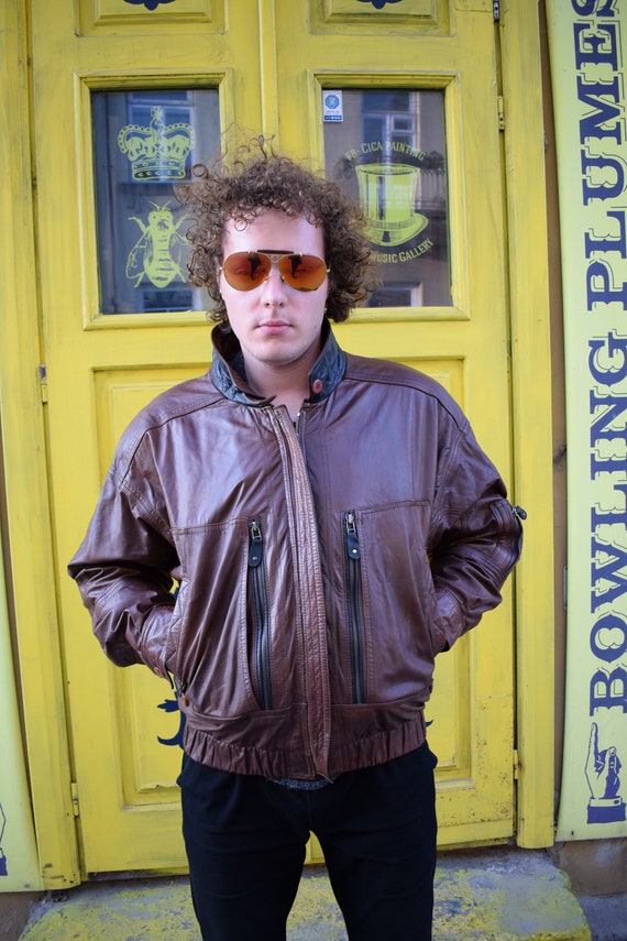 Brown Leather Jacket / L Men Leather Bomber / 80s