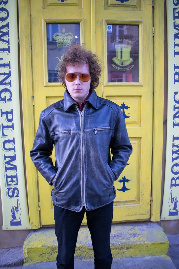 Black Leather Jacket / Men 80s Jacket / Black Vint