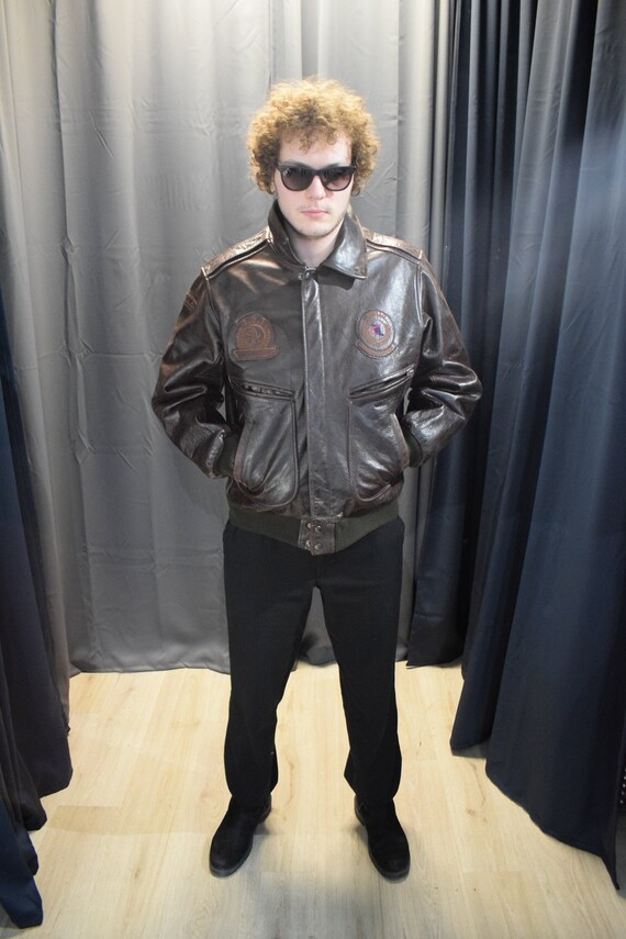 80s Leather Brown Jacket / 80s Men Bomber / Vintag