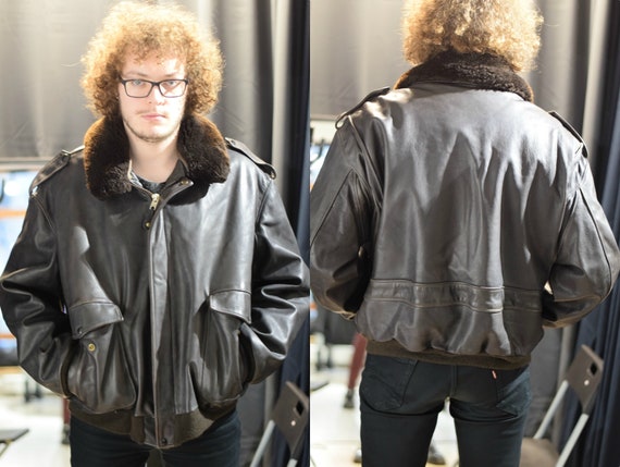 Black Leather Jacket / Leather Fur Jacket / 80s US