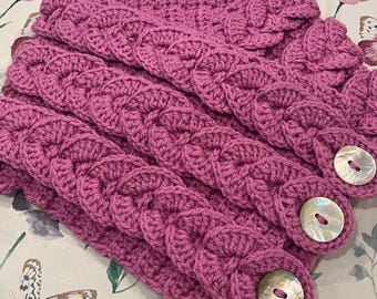 Braided cowl hand crocheted with mother of pearl shell buttons