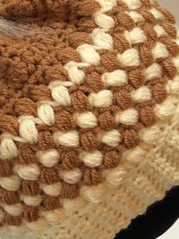 Hand Crochet Winter Beanie: Caramel Cream Texture, Faux Fur Pompom