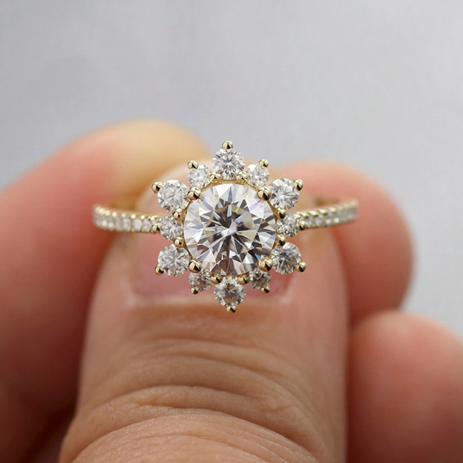 Moissanite Ring Sunflower Engagement Ring Vintage Yellow Gold Etsy