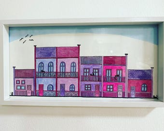 Tiny Terraces Watercolour painting - pinks