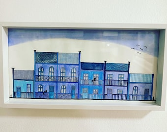 Tiny Terraces Watercolour Painting - blues