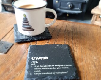 Cwtsh ~Engraved Welsh Coaster~Welsh humour~Welsh language~Welsh Gifts~Slate~Personalised Gifts