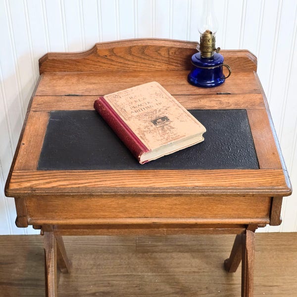 Antique Oak Child's School Desk, Slant Top with Chalkboard and Storage