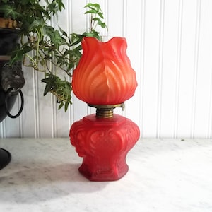 Antique Red Satin Glass Embossed Miniature Lamp