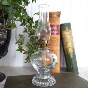 Antique &quot;Handy&quot; Clear Glass Stem Miniature Oil Lamp, Cottage Lamp