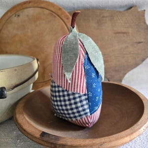 Handmade Primitive Pear from Red Stripe Ticking Fabric, 1800s Quilt Patches