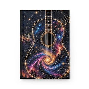 May include: A hardcover journal featuring a vibrant galaxy print with a golden outline of an acoustic guitar. The design incorporates swirling nebulae in shades of purple, blue, and orange, accented by glowing stars, constellations, and musical notes.